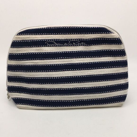Oscar de la Renta Navy Blue and Cream Striped Padded Makeup / Cosmetic Bag - Picture 1 of 16
